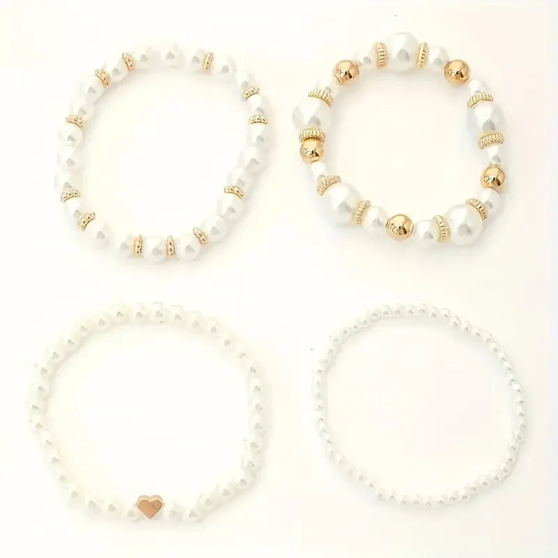 4pcs White Pearl Beaded Bracelets Set  for Women Fashion Chic Gold Color Design Hand Chain Bracelet Vintage French Jewelry Gifts