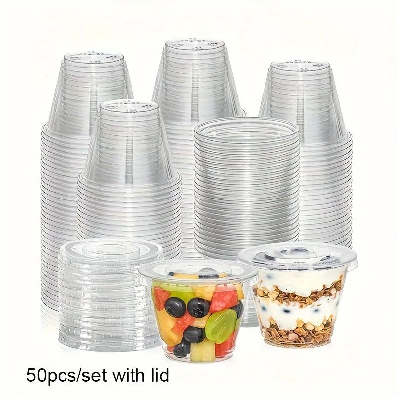 50/100pcs Clear Plastic Cups with Lids BPA Free Fruit Parfait Yogurt Dessert Container for Picnic Party Catering Storage