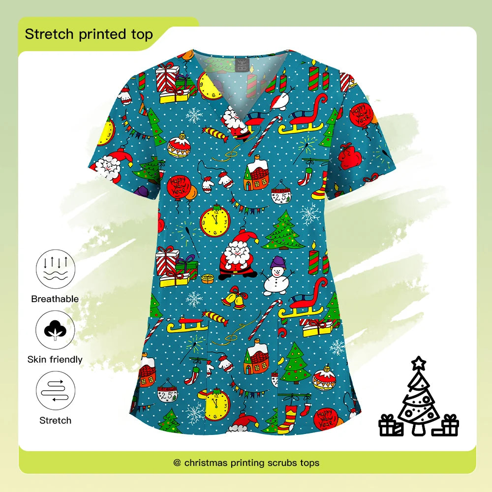 Christmas Print Scrubs Tops Women Short Sleeve V-neck Blouse Nurse Uniforms T-Shirt Medical Working Uniform Veterinary Workwear
