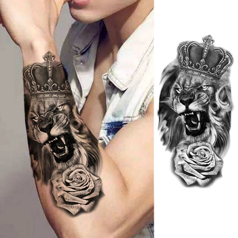 Waterproof Temporary Tattoo Sticker Forest Big Tiger Lion Wolf King Body Arm Hand Cool Art Black Animal Men Women Fake Tattoos