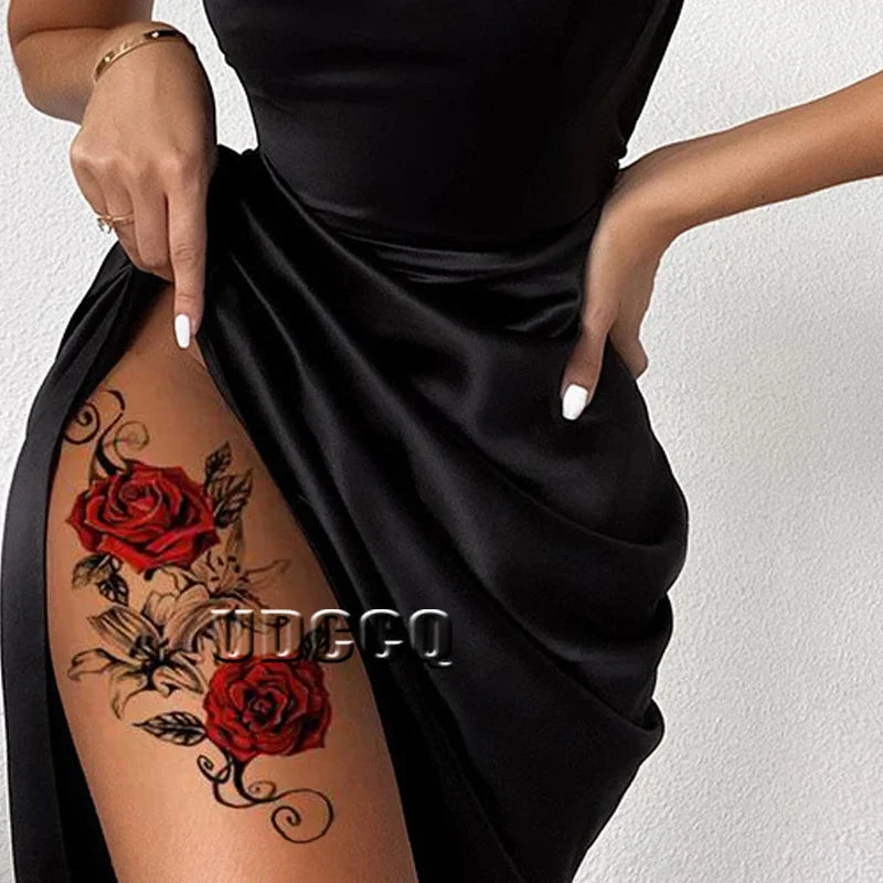 6pcs Red Temporary Rose Flower Arm & Leg Tattoo Stickers, Sexy Stripper Chest & Thigh Design, Waterproof, Perfect For Women