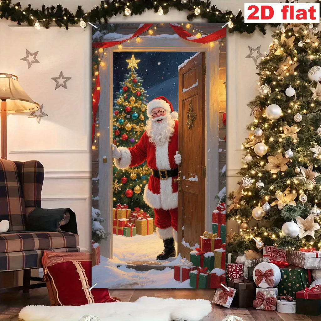 1Pc Christmas Themed Door Banner with Santa Claus and Winter Snowy Christmas Tree Design, Suitable for Holiday Home Decoration