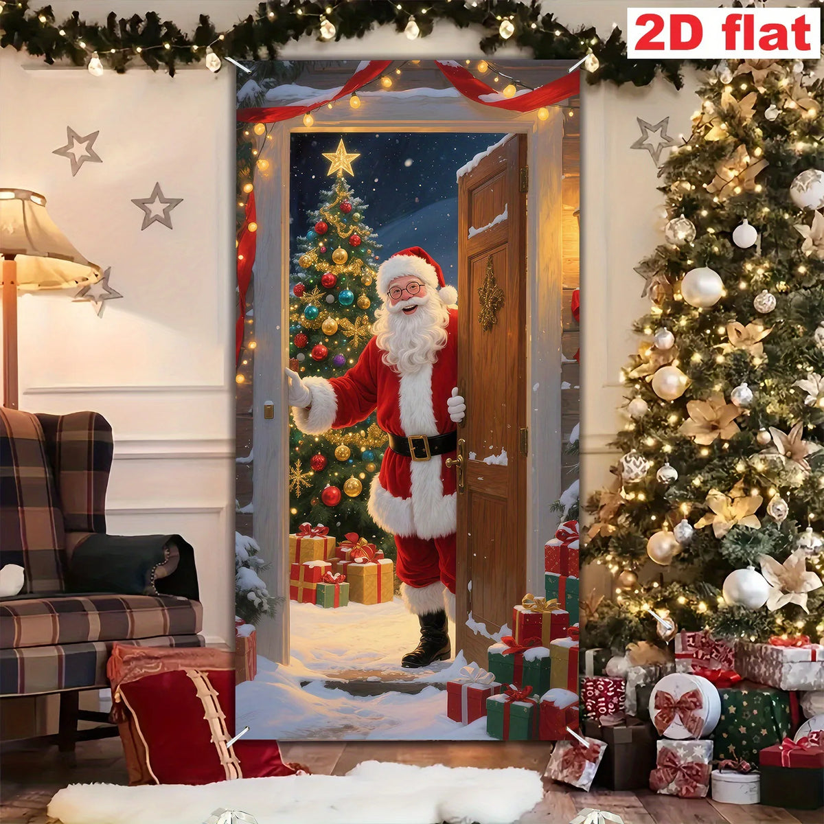 1Pc Christmas Themed Door Banner with Santa Claus and Winter Snowy Christmas Tree Design, Suitable for Holiday Home Decoration