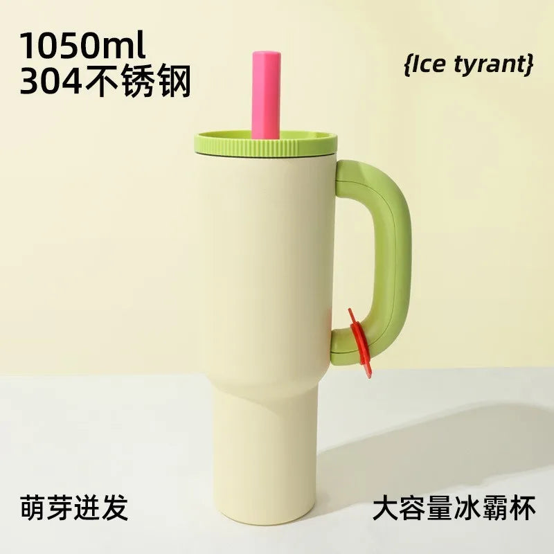1050ml Insulated Mug with Handle and Straw Ice Cup Large Capacity Tumbler Stainless Steel Water Bottle Office Home Thermal Mug