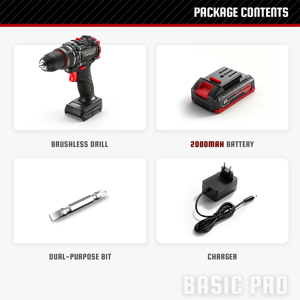 YEVOLT Electric Drill 20V Brushless Li-ion Compact Cordless 21+1 Driver Handheld Screwdriver Power Tools YVGBD20DU2 Series