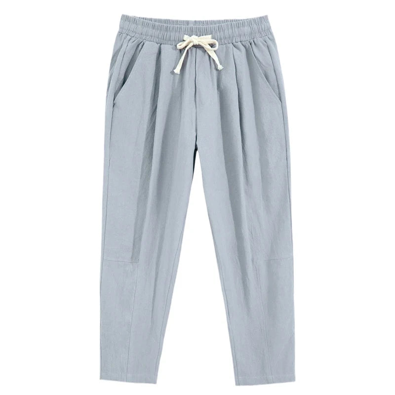 Mens Lightweight Cotton Pants Casual Solid Color Sweatpants Straight Drawstring Baggy Streetwear Breathable Ninth Pants