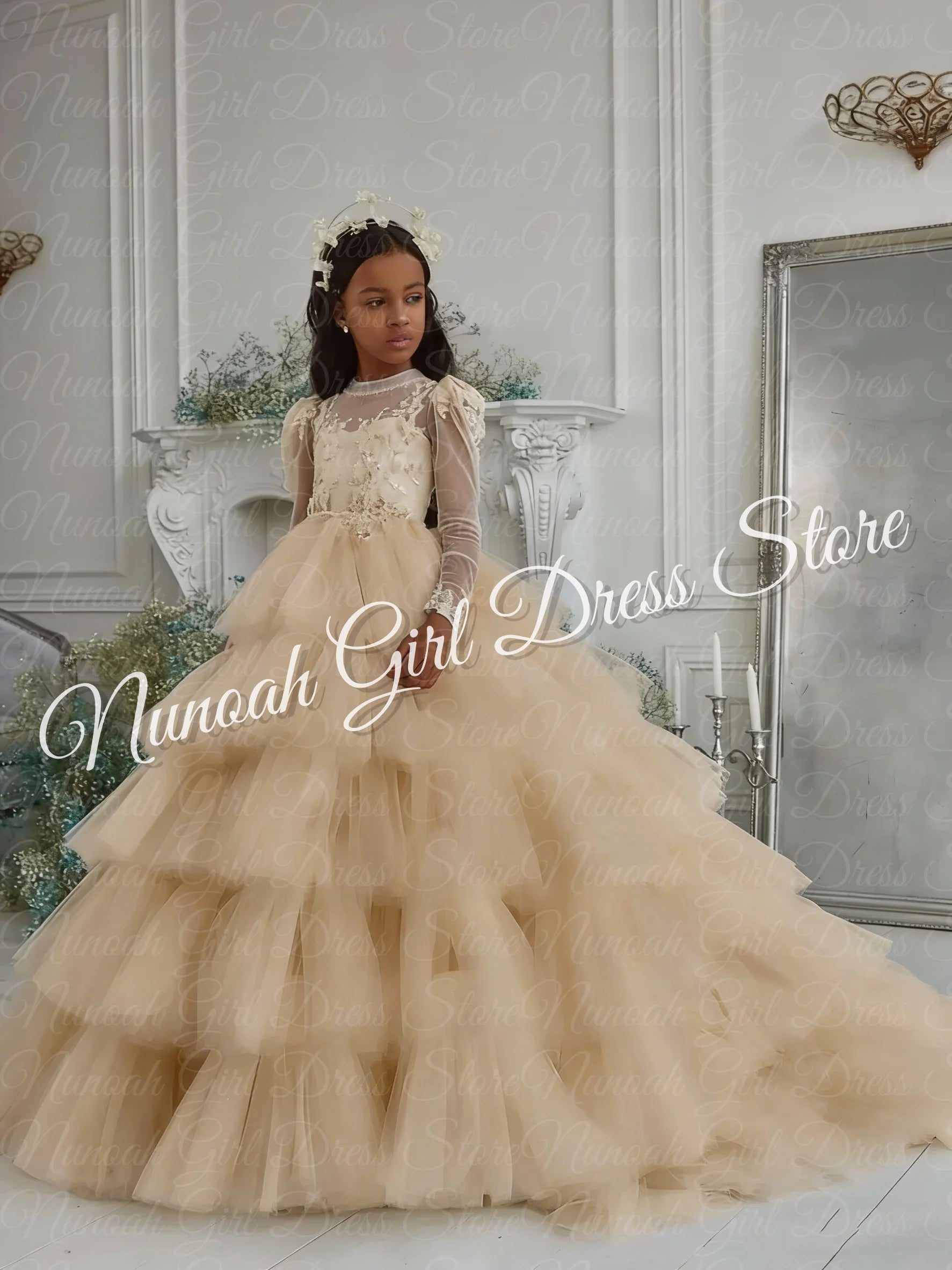 Customized White Flower Girl Dresses Tulle Tiered Flory with Tailing Long Sleeve for Wedding Birthday Party First Communion Gown