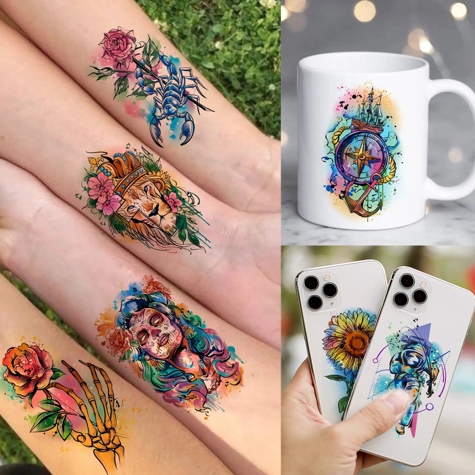 70 Sheets Watercolor Peony Rose Flowers Temporary Tattoos For Women Butterfly Animals Tatoos Realistic Fake Arm Tattoo Stickers