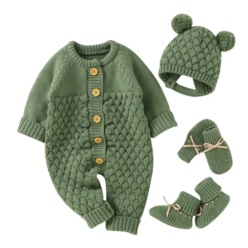 Newborn Baby Clothes Set Knitted Infant Girl Boy Romper +Hat +Gloves +Shoes Fall 4PC Long Sleeve Jumpsuit Outfits +Mitten +Boots