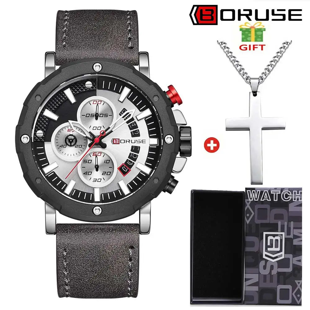 BORUSE 2 Pcs/set Fashion Simple Men's Quartz Wrist Watch Necklace  Pu Leather Strap The Perfect Gift for Men During The Holiday