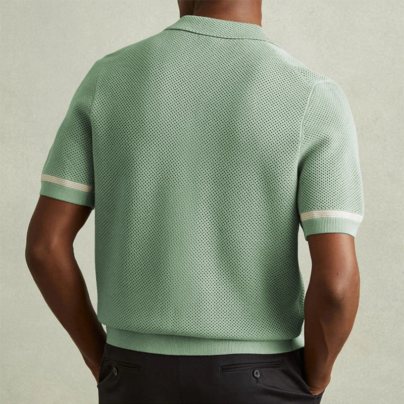 Vintage Mens Striped Shirts Knitting Hollow Out Short Sleeve Lapel Buttoned Cardigan Tops Men Summer Fashion Pocket Knit Shirt