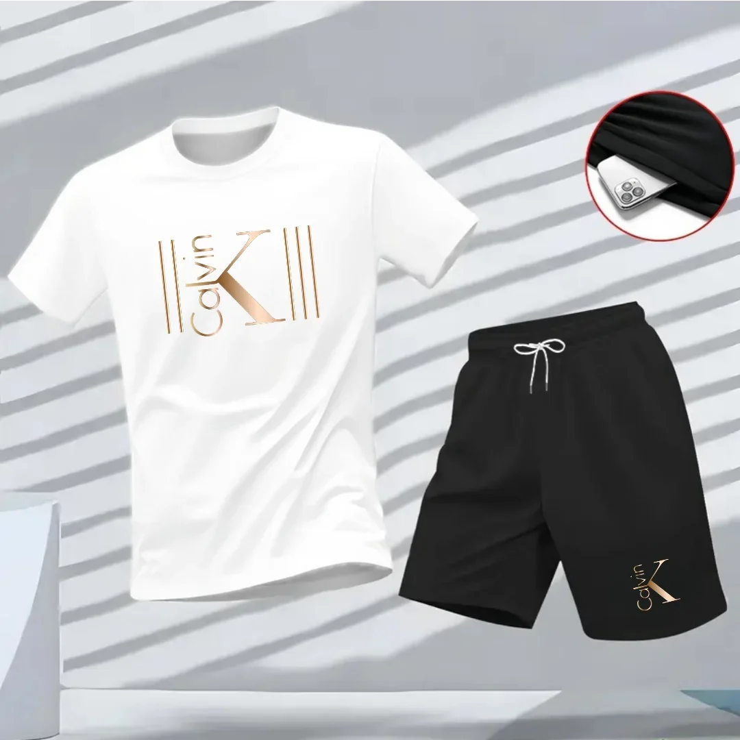 New summer fitness sportswear for men, short-sleeved T-shirt and shorts two-piece set, breathable and quick-drying casual wear.