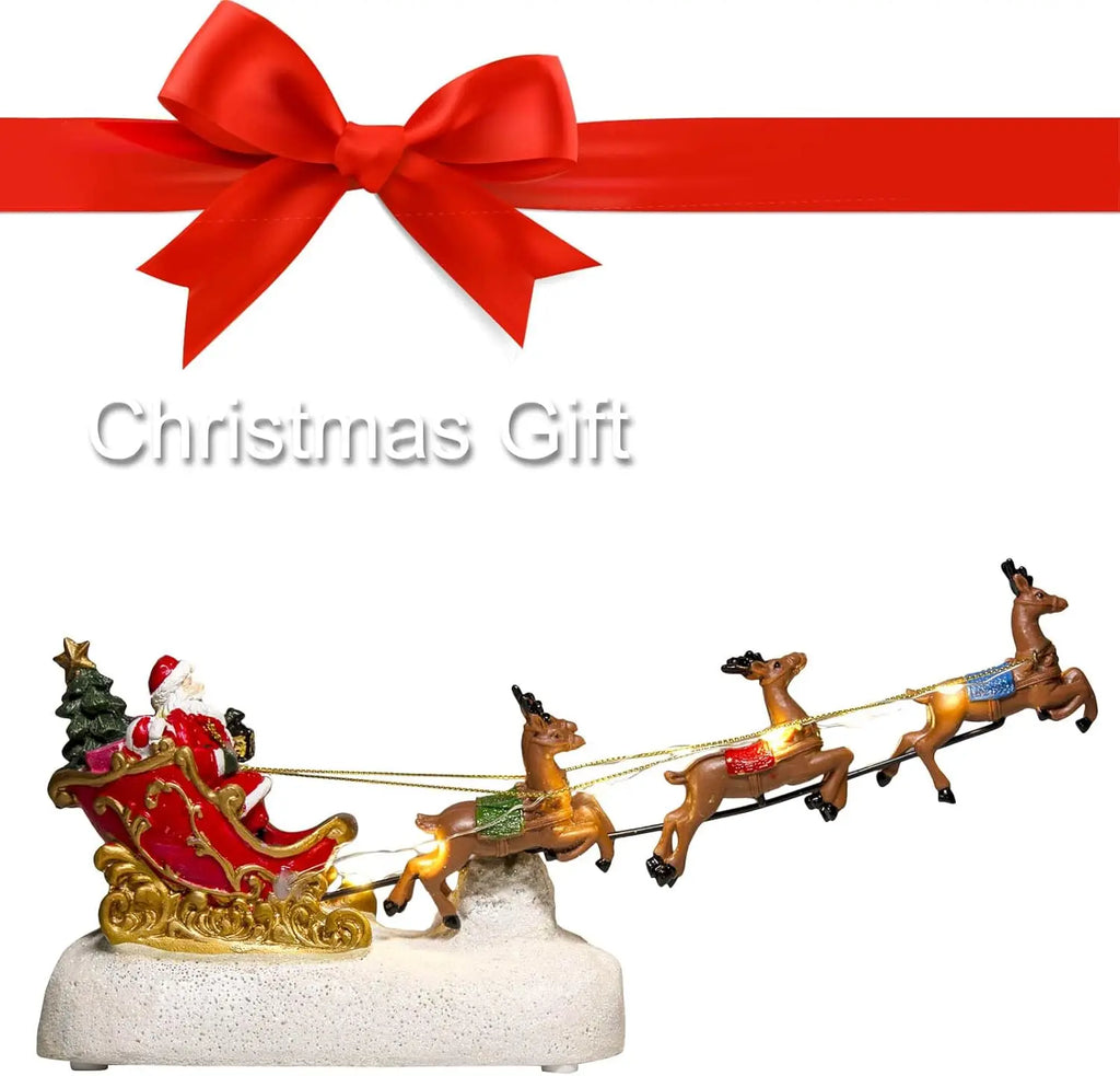 Christmas Santa Claus Sleigh with Reindeer Figurine, LED Light Holiday Village House Ornament Xmas Home Tabletop Decoration Gift