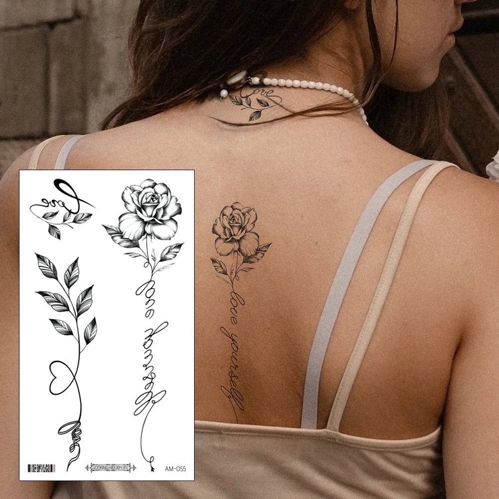 Elegant Floral Temporary Tattoos for Women - 6 Sheets Waterproof Body Art (Rose, Butterfly, Feather Designs) - Back Arm Fake Tat