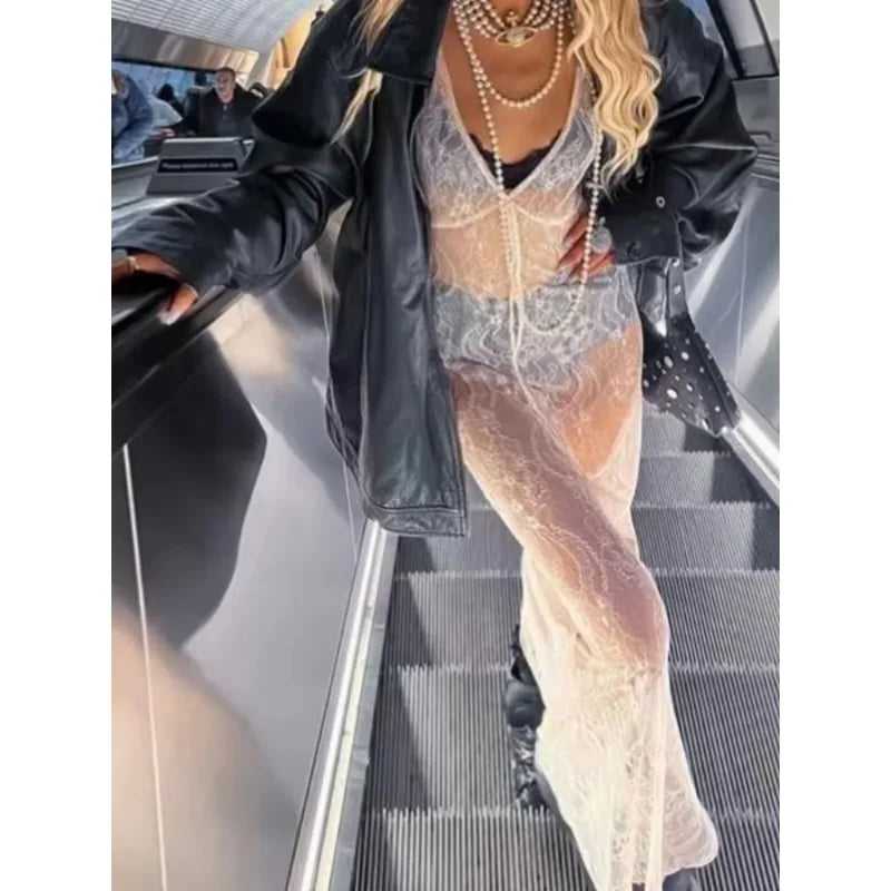Deeptown Y2k Sexy Lace See Through Tank Women Dress Floral Sheer Sleeveless V Neck Long Dress Streetwear Fashion Party Dresses