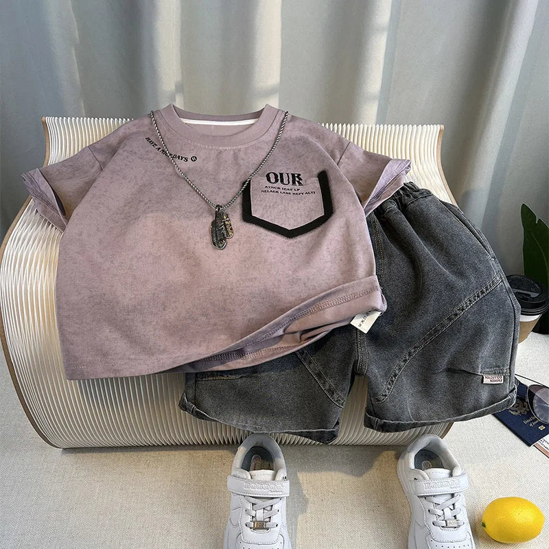 Boys' Summer 2pcs/Set 2026 New Handsome Children's Short sleeved T-shirt Kids Baby Workwear Shorts Two piece Set Trendy 2-8Years