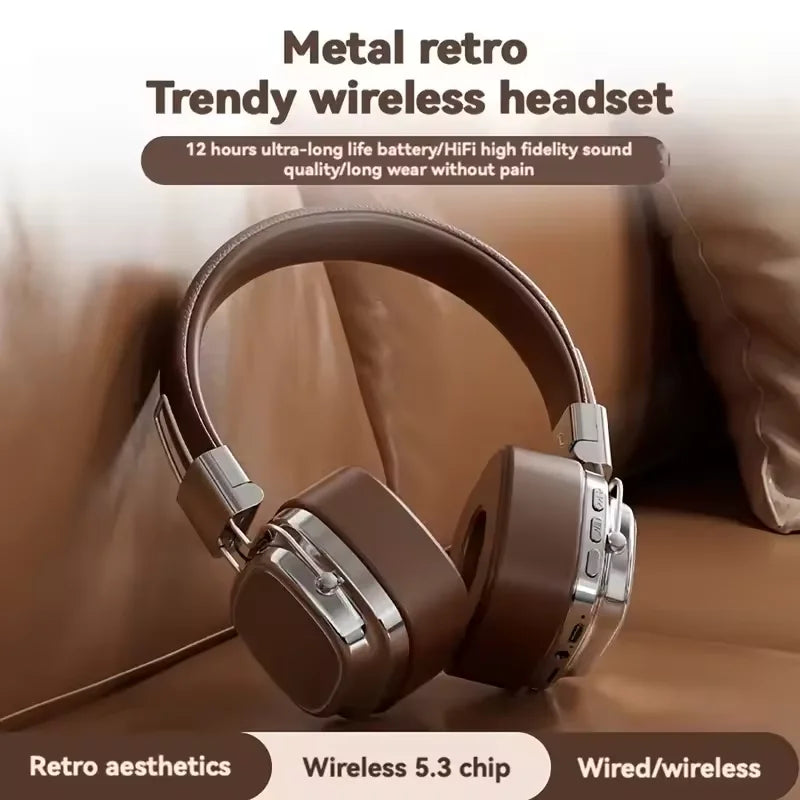 Retro On Ear Headphones Wireless Bluetooth 5.3 Headsets HIFI Stereo Sounds Gaming Earphones TF/AUX Music Player Noise Reduction