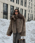 2025 Winter Women's Faux Fur Coats Fashion Stand Collar Short Jackets Warm Long Sleeve High Street Commute Lady Brown Outerwear