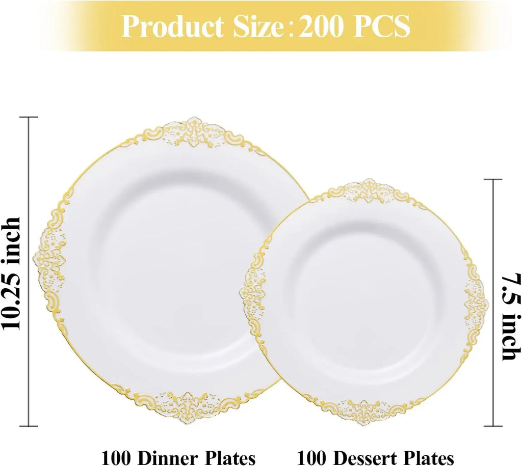 White And Gold Disposable Plates 200 Pcs For 100 Guests Dinner Dessert Plates For Party Wedding Graduation