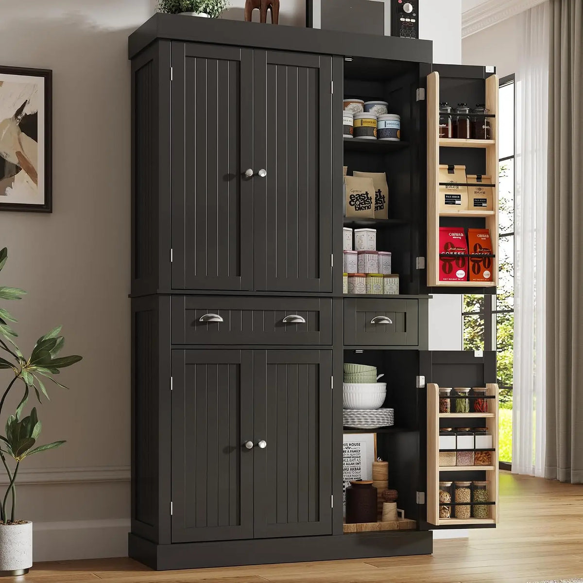 71in Kitchen Pantry Cabinet Doors & Adjustable Shelves, Freestanding Storage 2 Drawers for Dining Living Hallway, Customized