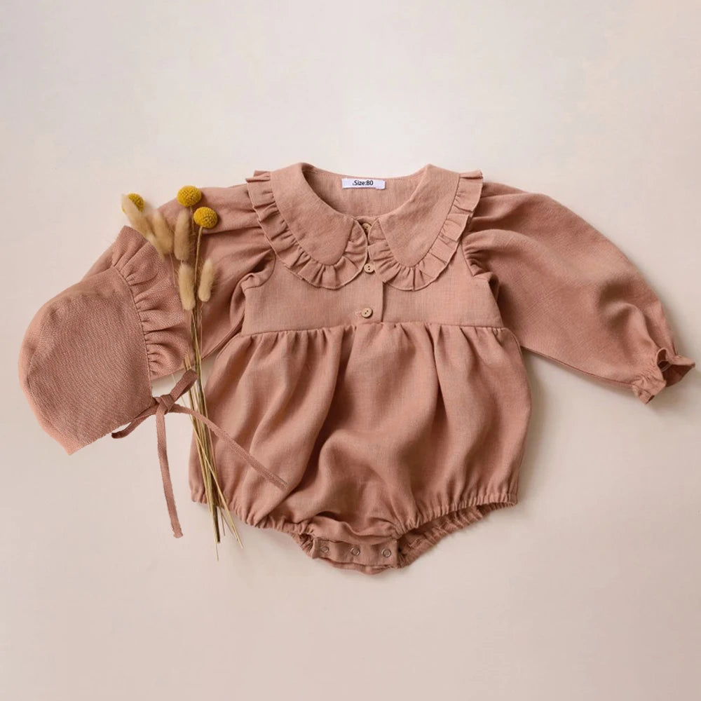 2Pcs Spring Baby Girls Playsuit With Hat Long Sleeves Newborn Romper Cotton Linen Fabric Infant Clothes