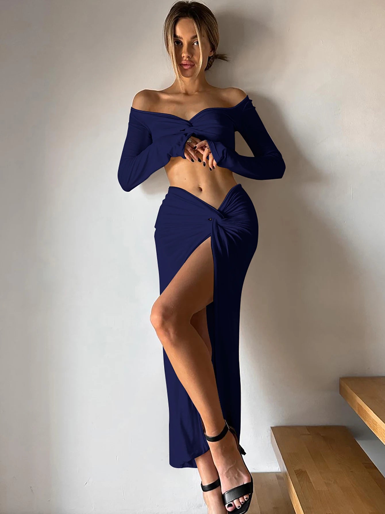 Hugcitar Elegant 2 Piece Sets Solid V Neck Long Sleeve Ruched Sexy Crop Top Slit Midi Skirt Winter Women Clothes Party Birthday
