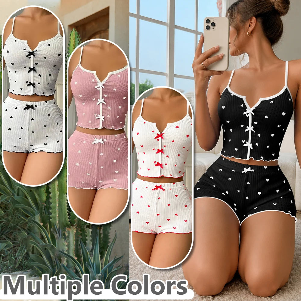 Sweet Cute Heart Pattern Two Piece Set Ladies Soft Breathable Spaghetti Strap Nightwear Summer Casual Homewear Set Ladies Pajama