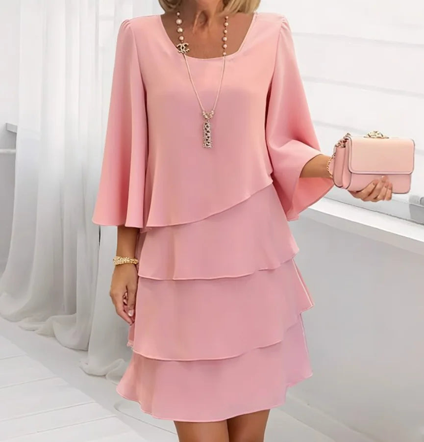 Womens Dresses 2025 Spring New Solid Color Round Neck Long Sleeve Casual Loose Fit Daily Mini Layering Cake Dress