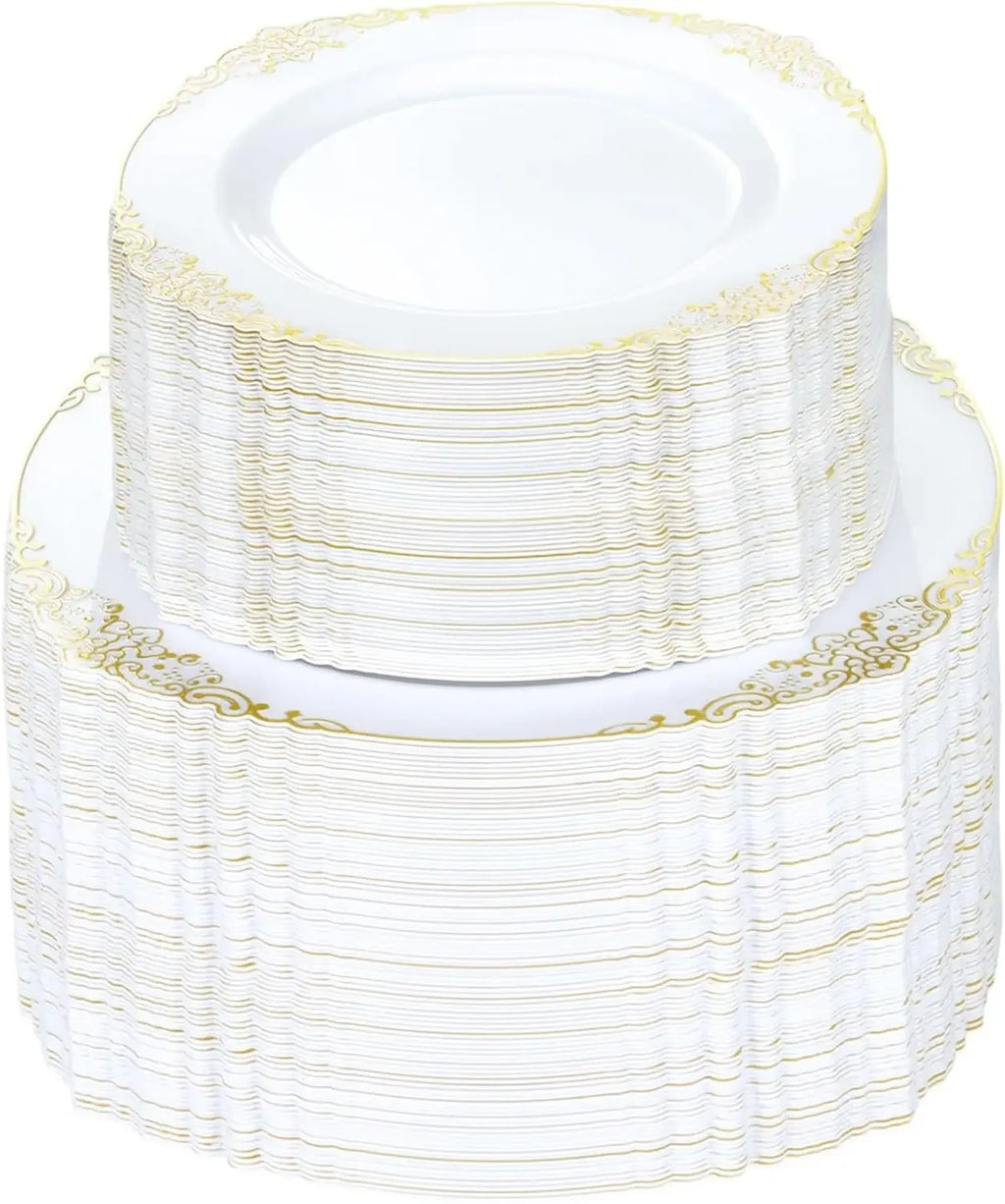 White And Gold Disposable Plates 200 Pcs For 100 Guests Dinner Dessert Plates For Party Wedding Graduation