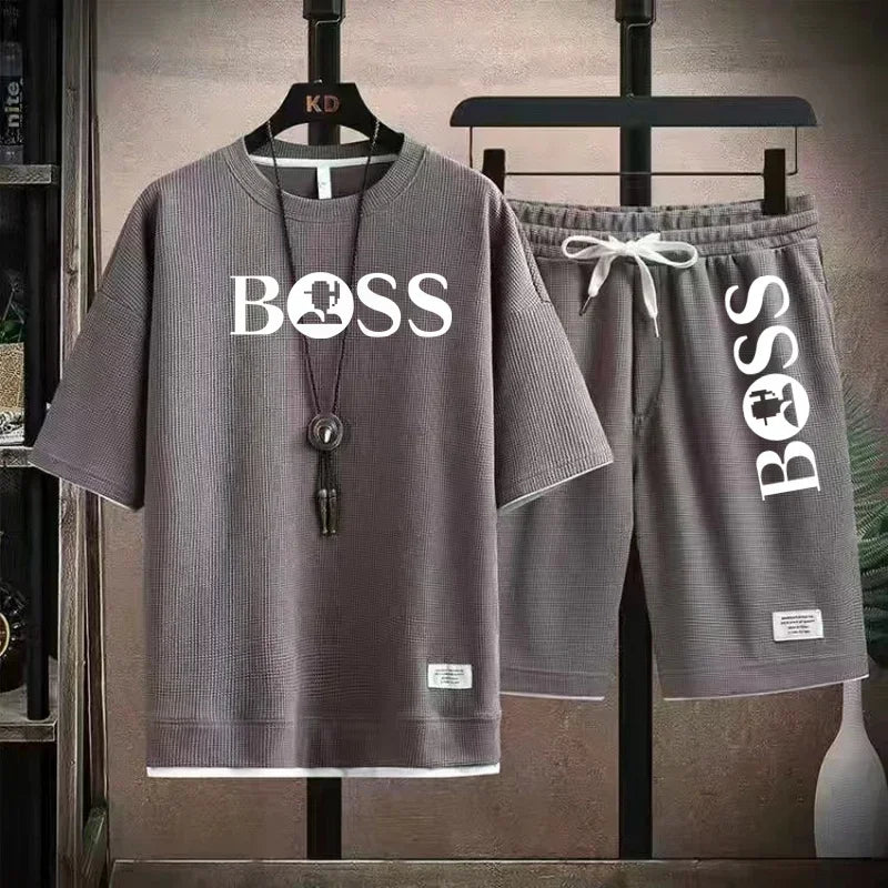 Summer 2025 new men's breathable short-sleeved T-shirt + quick-drying shorts two-piece set, outdoor fashionable men's sportswear