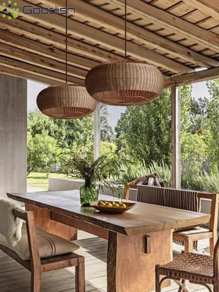 Industrial Vintage Art Creative Bamboo Woven Pumpkin LED Pendant Lights Lustre Lamps for Living Room Home Decoration Chandelier