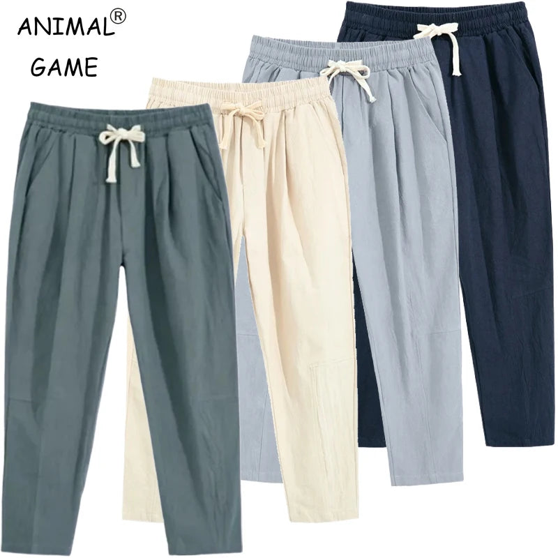 Mens Lightweight Cotton Pants Casual Solid Color Sweatpants Straight Drawstring Baggy Streetwear Breathable Ninth Pants
