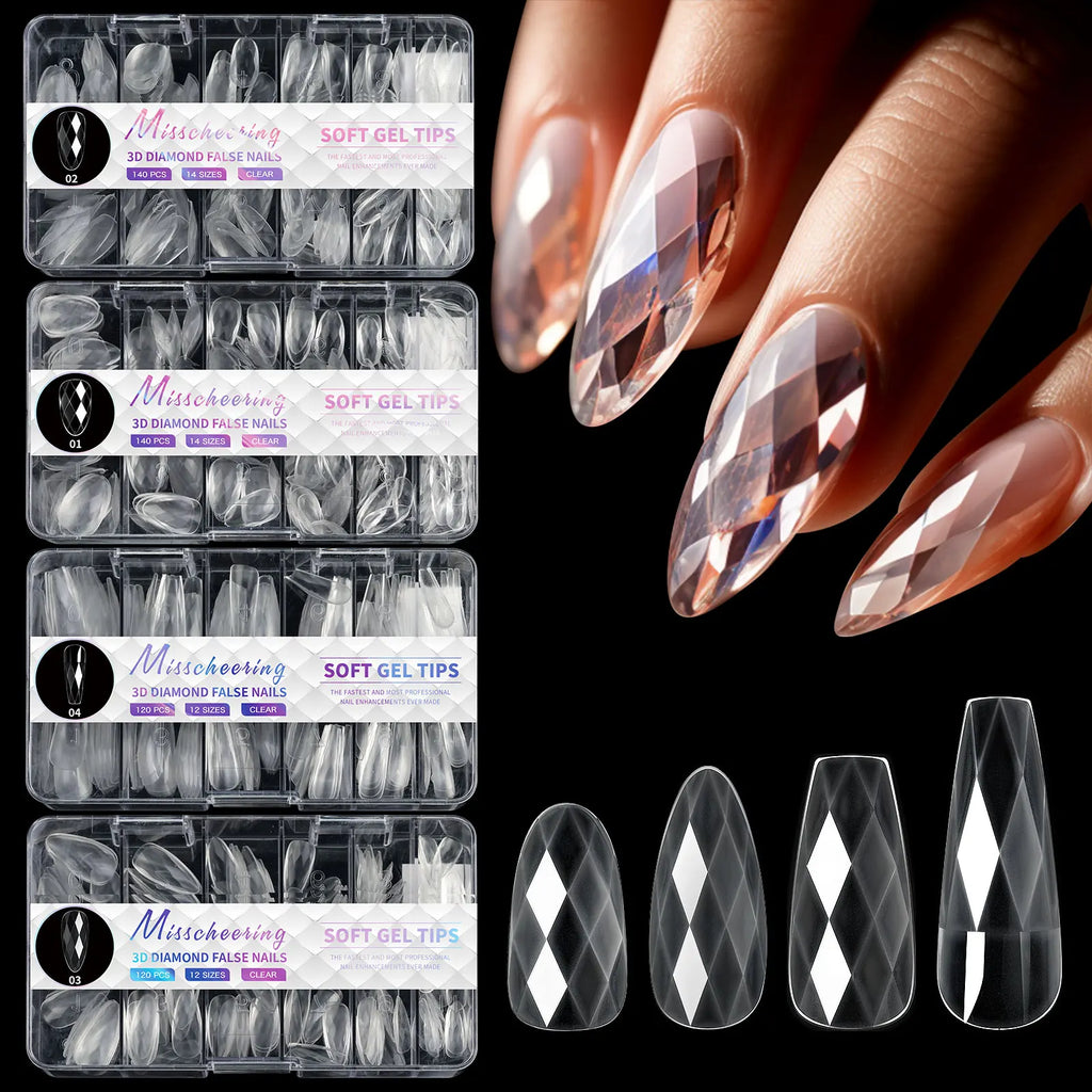 New 120/140pcs Square Almond Coffin Nail Extension Tips Natural Clear Full Cover Nails Dual Form 3D Diamond Soft Gel Nail Tips