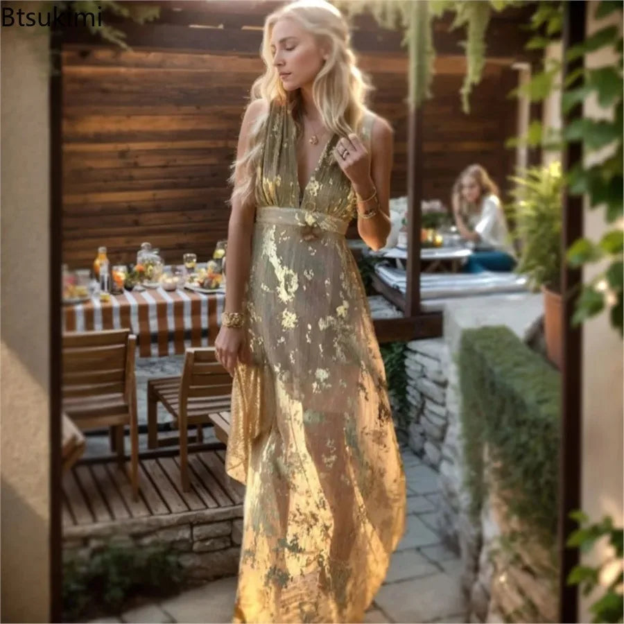 Sexy Deep V Neck Sleeveless Women's Party Gold Dresses Summer New Fashion Slim Waist Elegant Maxi Dress for Women Vestidos 2026