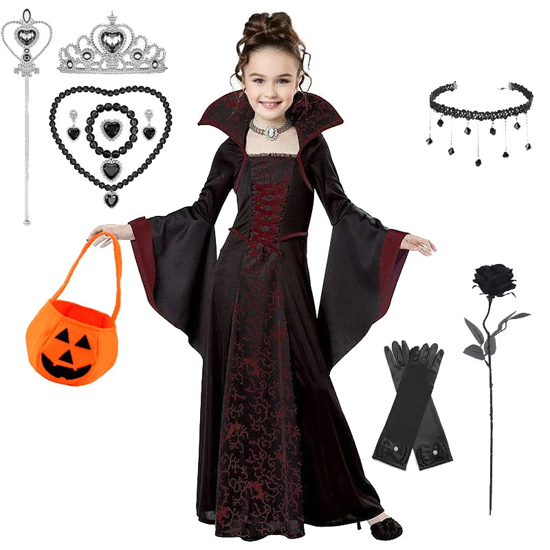 Halloween Costume Girl Fancy Skeleton Rose Print Dress Halloween Ghost Bride Vampire Cosplay Dress Kids Carnival Party Clothes