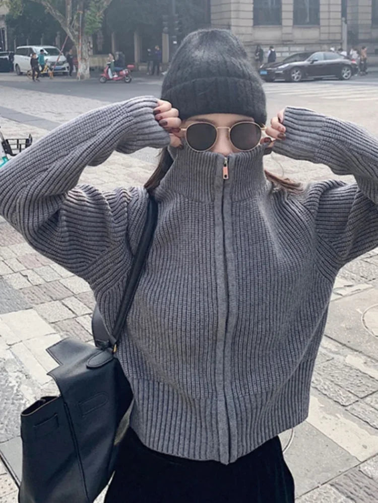 Y2k Aesthetic Harajuku Cardigan Mujer Kardigan Turtleneck Streetwear Grey Crop Tops Zipper 2026 Autumn All Match Solid  Sweater