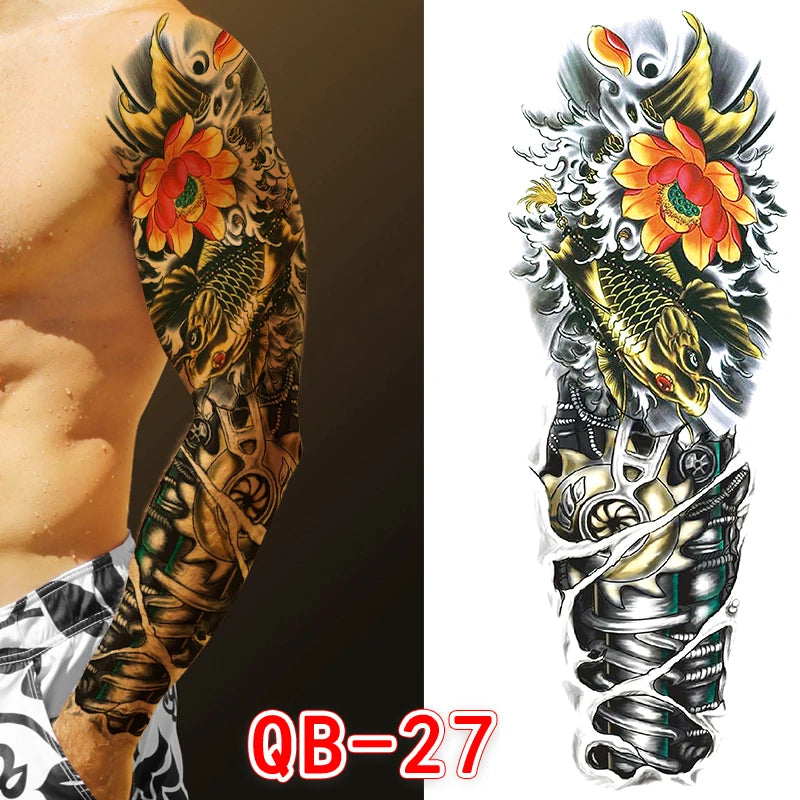 Large Arm Tattoo Sticker Full Sleeve Temporary Tattoos for Men Fish Wolf Tiger Tattoo Fake Tatoo for Women Waterproof Body Art