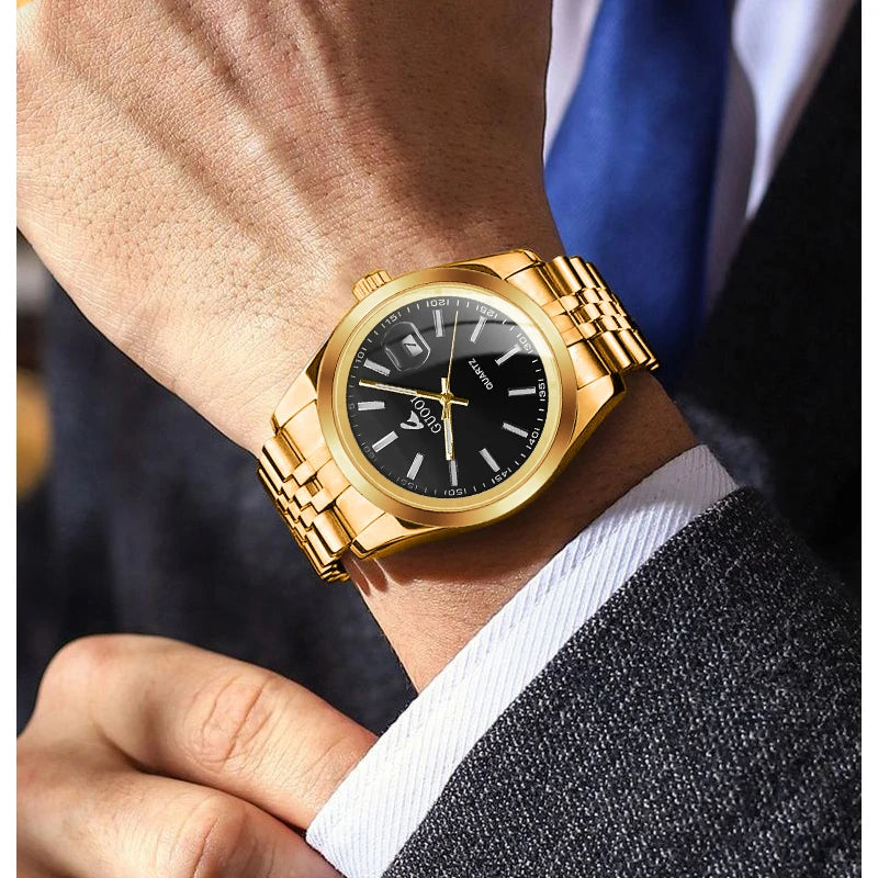 New Hot-Selling Men's Stainless Steel Five-Link Steel Band Watch with Arabic Numerals, Business Style, Round Case, Calendar Display Function, Valentine's Day Gift, Father's Day Gift