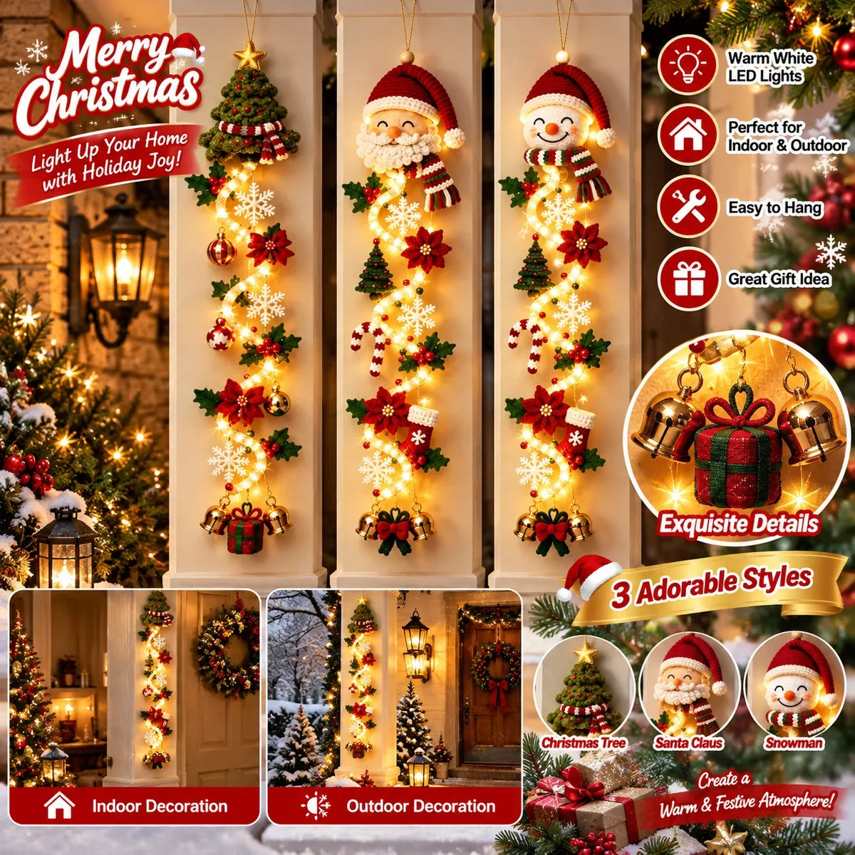 Glowing Christmas Door Hanger LED Handmade Crochet Santa Xmas Tree Bell Ornament Home Wall Front Door Navidad New Year Ornaments
