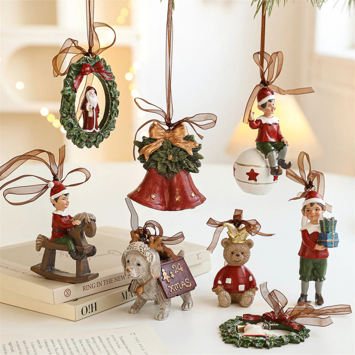 2026 Xmas Tree Pendant Cartoon Painted Santa Claus Elk Bear Christmas Stocking Resin Pendant Christmas Party Decorations 1pc