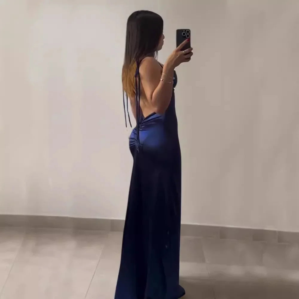 Korean Y2K Summer Sleeveless Lace-up Wrap Hip Pleated Dress Women Sexy Club Vintage Backless Bodycon Ruffles Slip Long Dresses