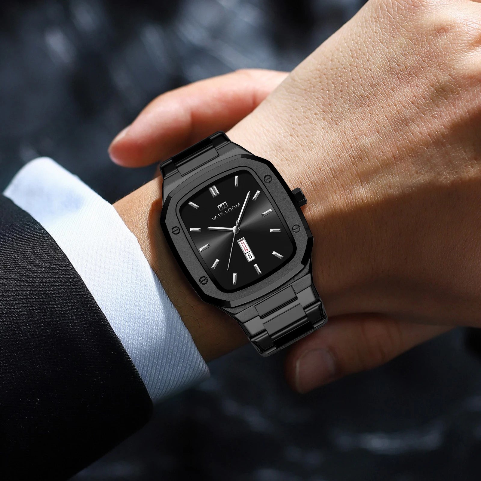 2024 New Men Watch Fashion Square Stainless Steel Strap Blue Gold 3Bar Quartz Week Calendar Simulated Business Sports WristWatch