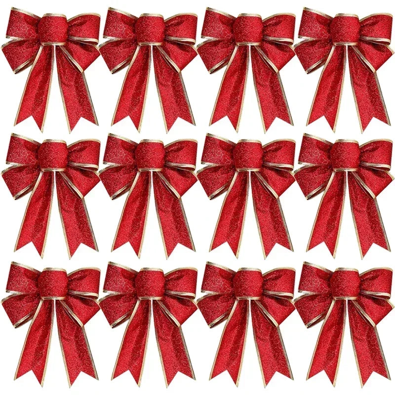 Large Glitter Christmas Bow Ornaments Red Gold Edge Ribbon Bow for Xmas Tree Wreath Gift Box Holiday Home Wedding Party Decor