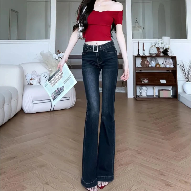 Women's Flared Jeans Solid Color Cowboy Pants for Woman Gyaru Teenagers Clothing Unique Flare Trousers Korean Fashion Stylish R