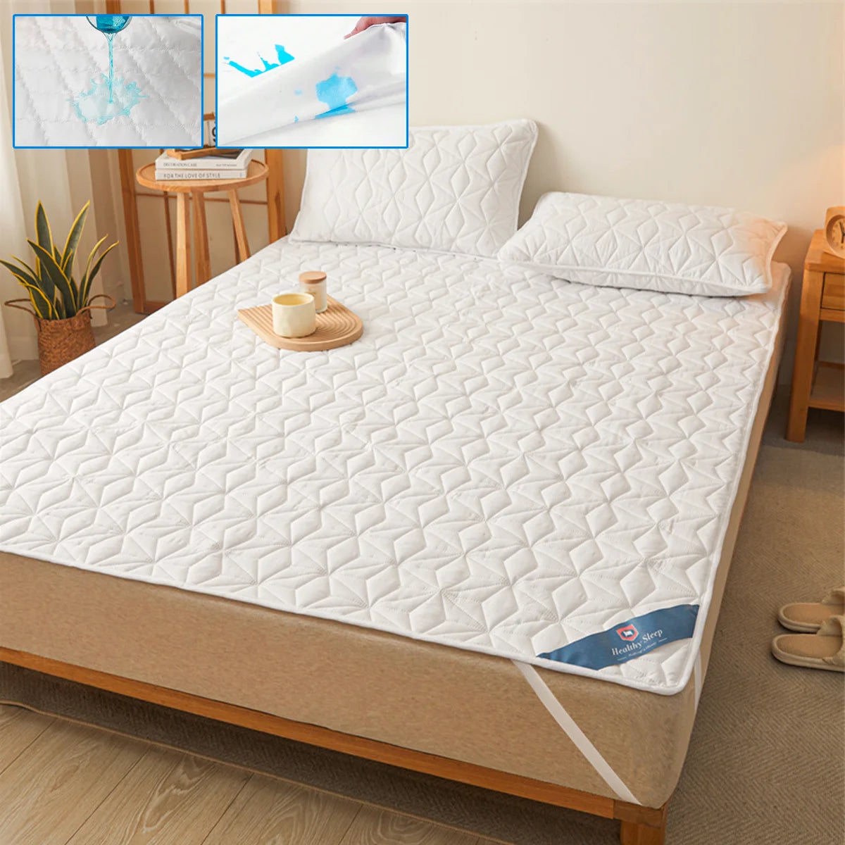 Waterproof Mattress Protector - Breathable Noiseless Mattress Cover Pad with 4 Elastic Corner Straps Fits up to 30 cm Deep
