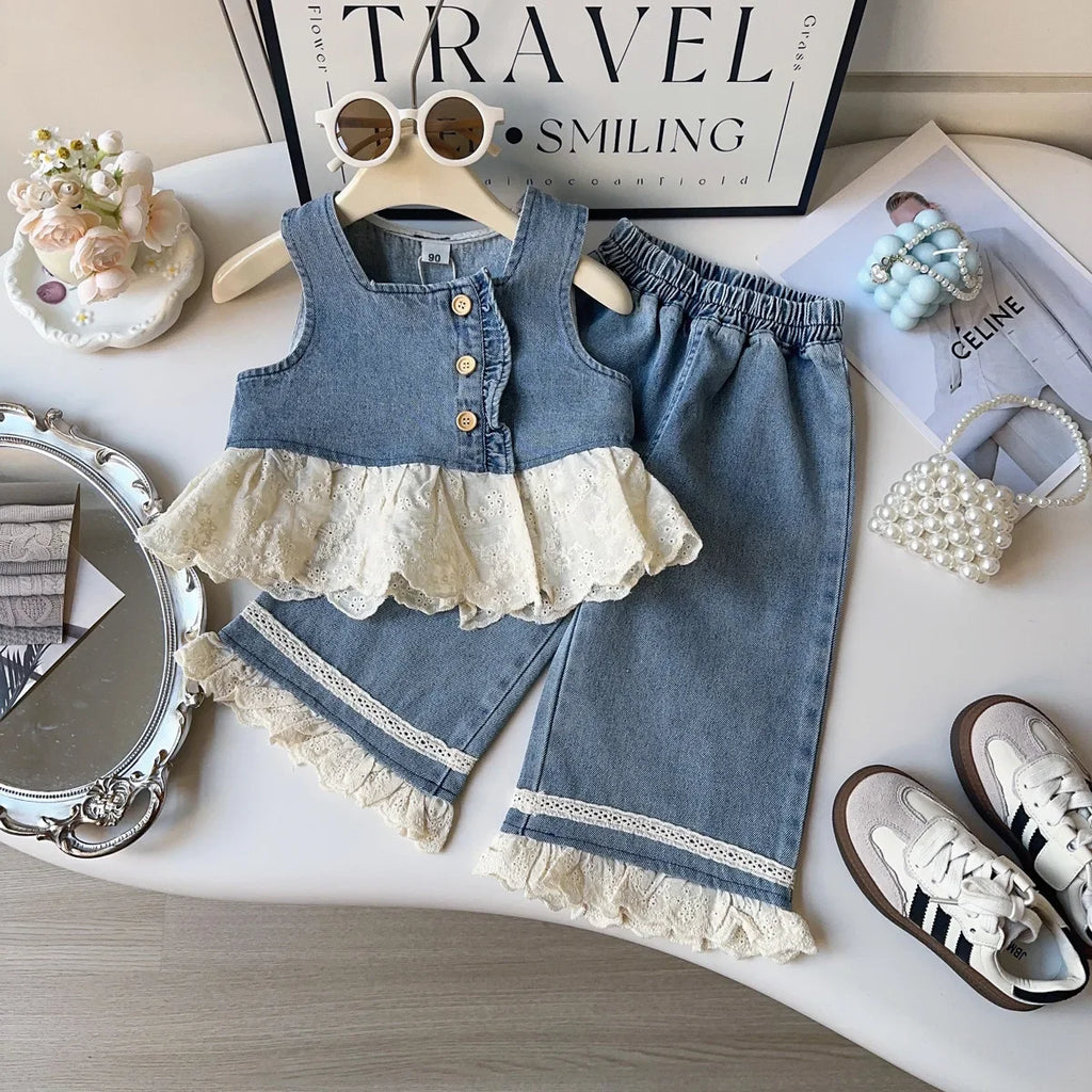 Baby Girls Sets Fashion Spliced Lace Sleeveless Denim Vest and Long Pants Cotton Shirts 2025 Spring New Style Kids 3 Piece Sets