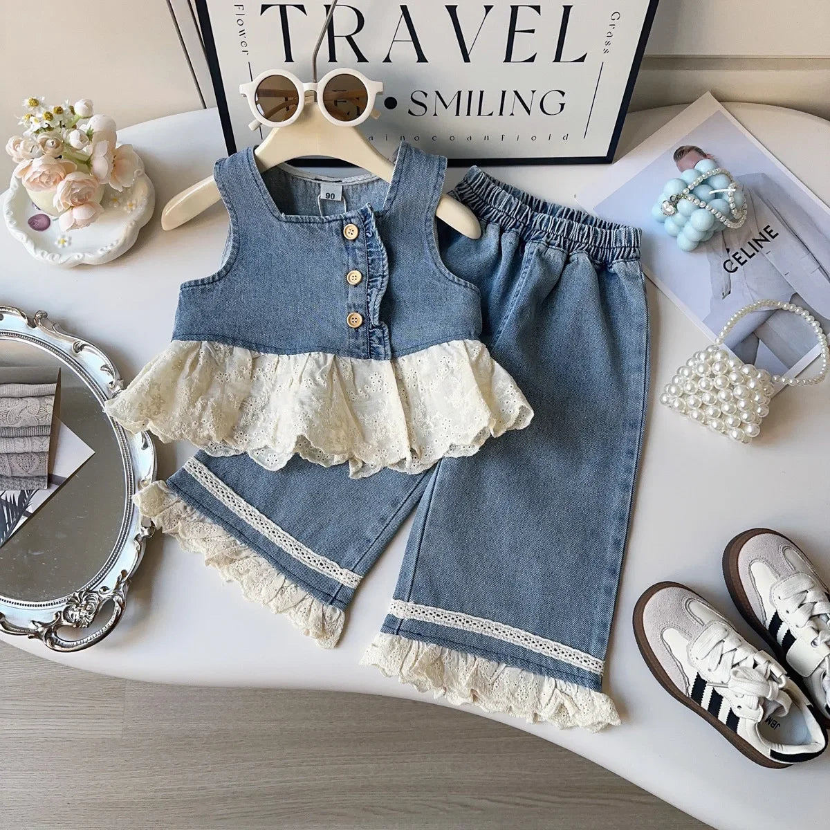 Baby Girls Sets Fashion Spliced Lace Sleeveless Denim Vest and Long Pants Cotton Shirts 2025 Spring New Style Kids 3 Piece Sets