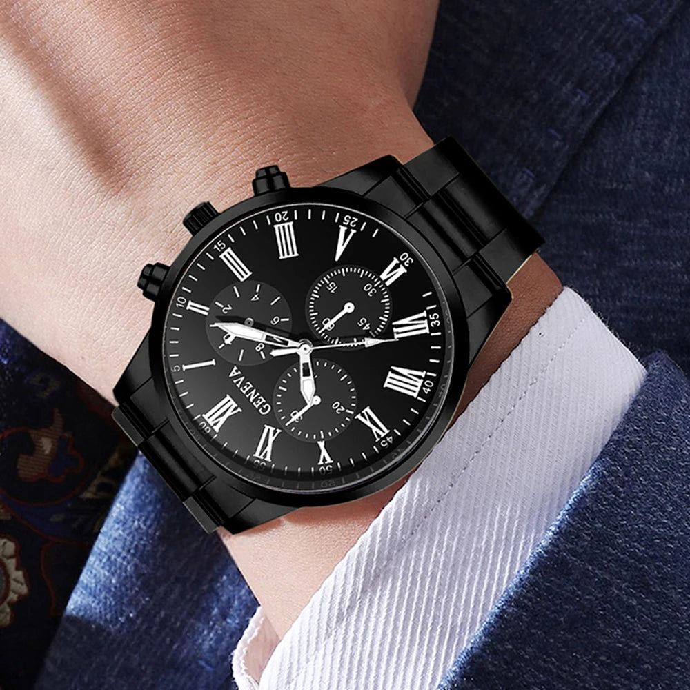 4PCS Black Men's Watch Set Business Trend Fashion Roman Digital Scale Dial Quartz Watch Bracelet Necklace Ring Set Perfect Gift
