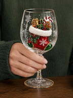 Holiday Stemware Christmas Wine Glass 2D Art Santa Snowman Reindeer Clear Goblet Party Cup