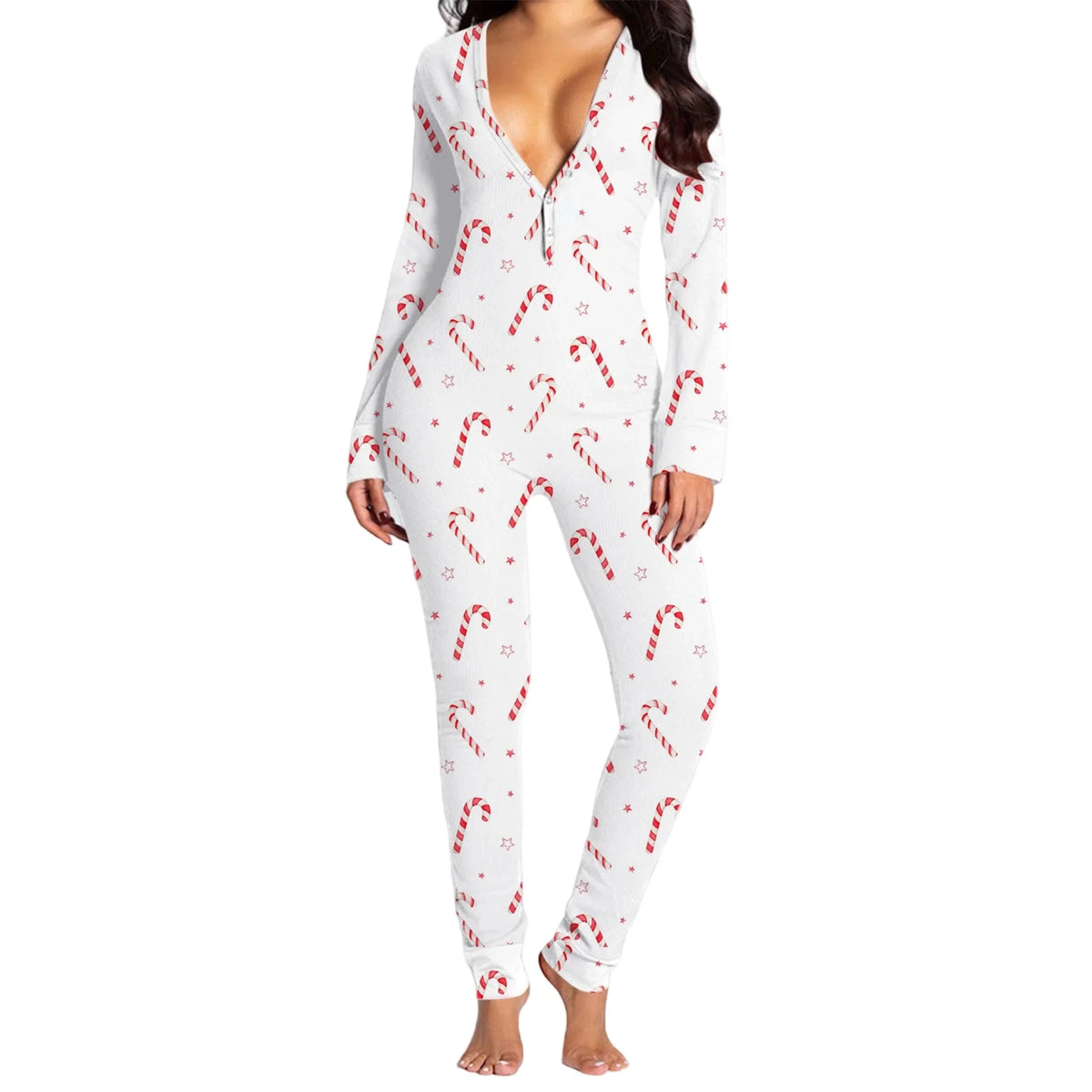 Women's Long Sleeve Christmas Jumpsuit Pajamas V Neck Christmas Themed Print Bodysuit Sleepwear with Drop Seat Butt Flap